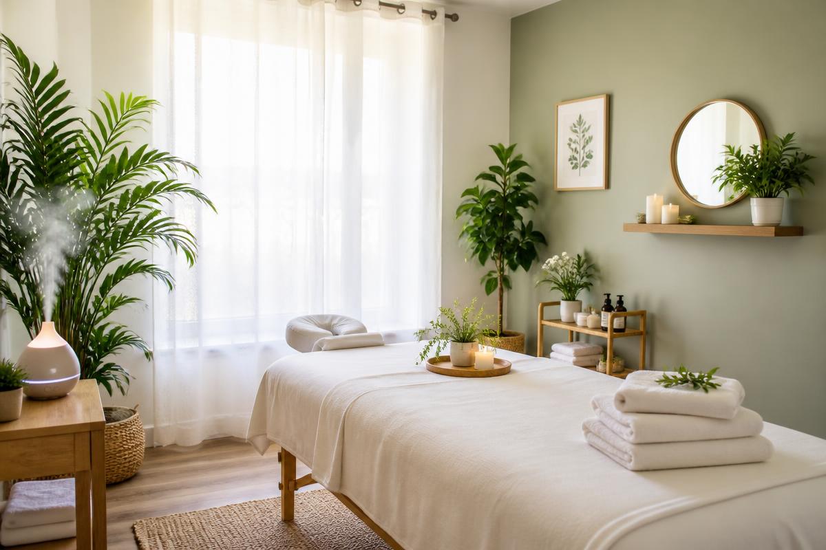 A bright and calming massage therapy room at Green Health Massage